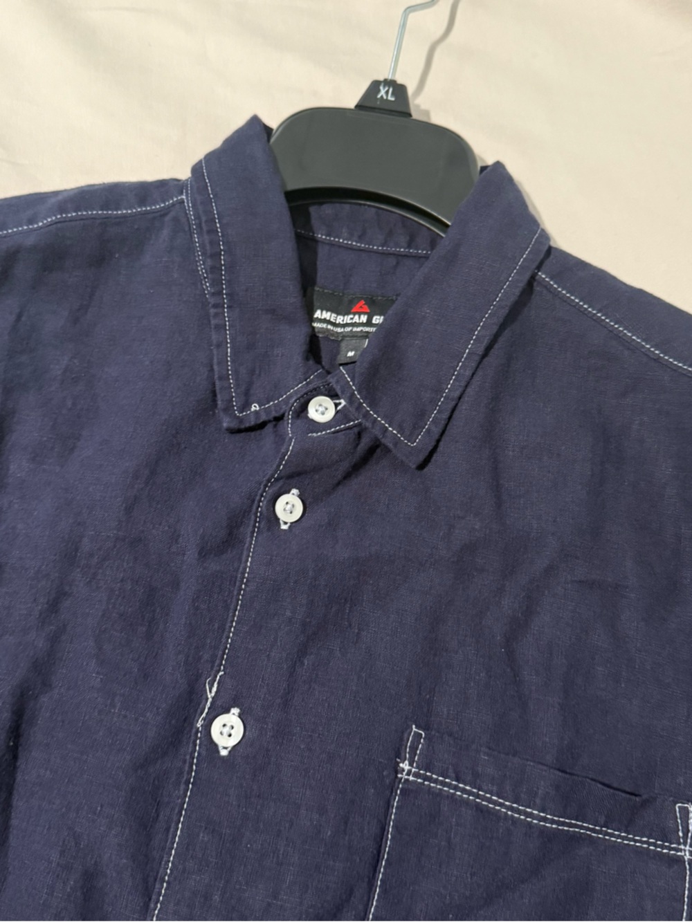 American Giant Men’s Mavy Blue Short Sleeve Linen Button Down Shirt Pocket Sz M